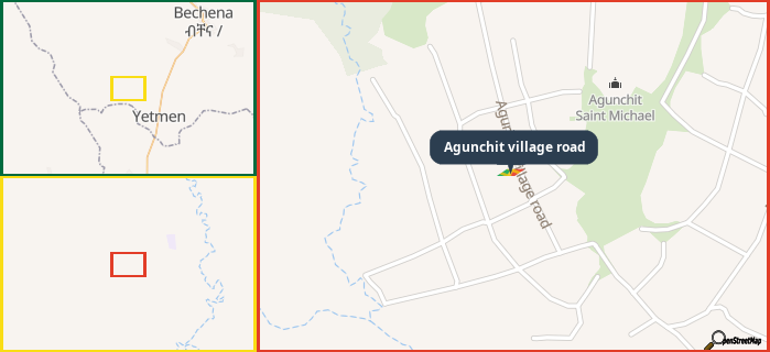 Map showing the address of Agunchit village road in three different zoom levels.