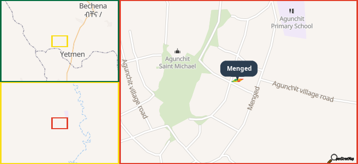Map showing the address of Menged in three different zoom levels.