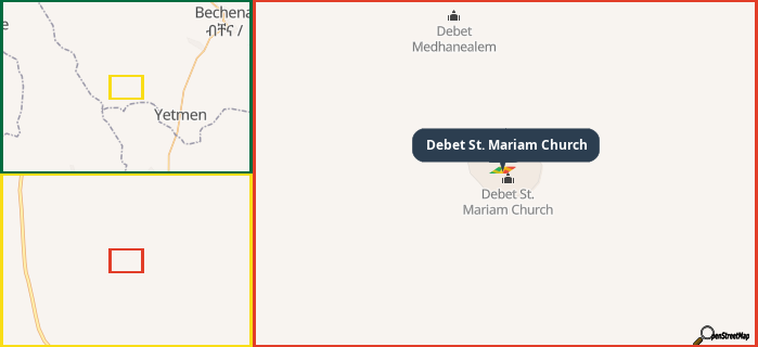 Map showing the address of Debet St. Mariam Church in three different zoom levels.