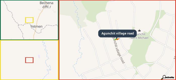 Map showing the address of Agunchit village road in three different zoom levels.