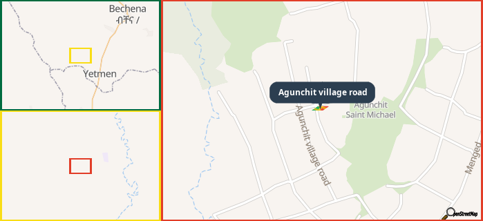 Map showing the address of Agunchit village road in three different zoom levels.