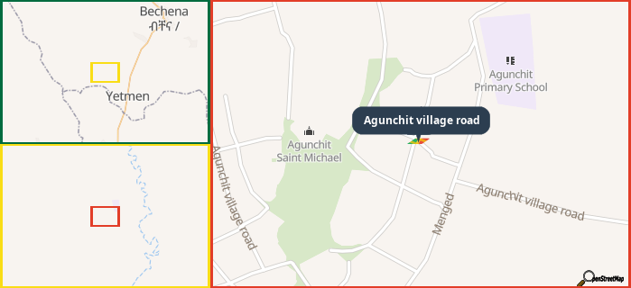 Map showing the address of Agunchit village road in three different zoom levels.
