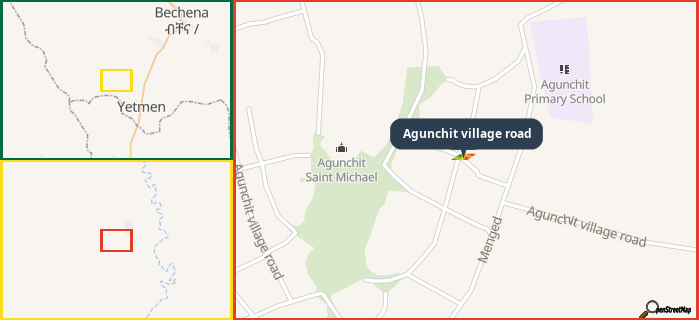 Map showing the address of Agunchit village road in three different zoom levels.