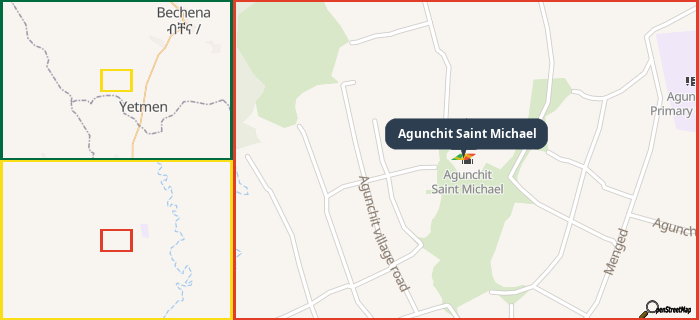 Map showing the address of Agunchit Saint Michael in three different zoom levels.