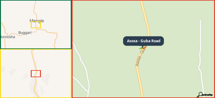 Map showing the address of Asosa - Guba Road in three different zoom levels.