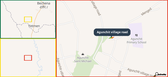 Map showing the address of Agunchit village road in three different zoom levels.
