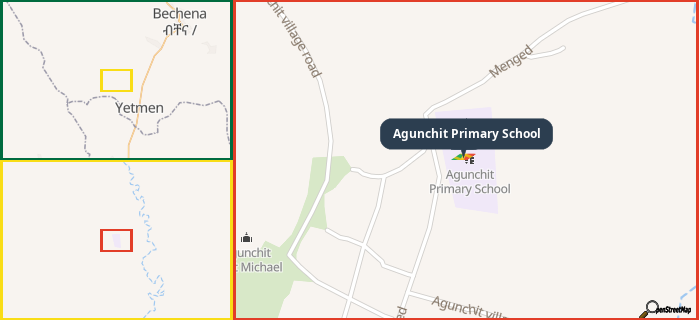 Map showing the address of Agunchit Primary School in three different zoom levels.