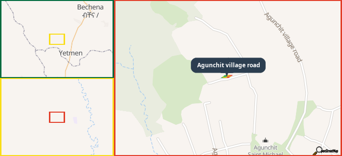 Map showing the address of Agunchit village road in three different zoom levels.