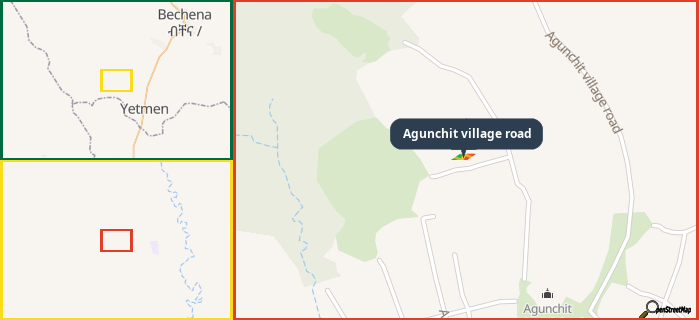 Map showing the address of Agunchit village road in three different zoom levels.