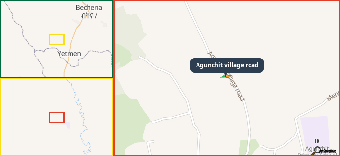 Map showing the address of Agunchit village road in three different zoom levels.