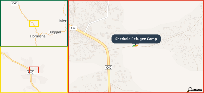 Map showing the address of Sherkole Refugee Camp in three different zoom levels.