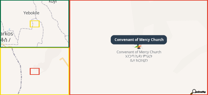 Map showing the address of Convenant of Mercy Church in three different zoom levels.