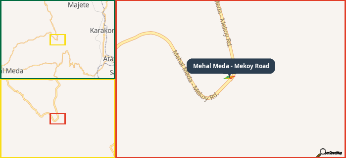 Map showing the address of Mehal Meda - Mekoy Road in three different zoom levels.