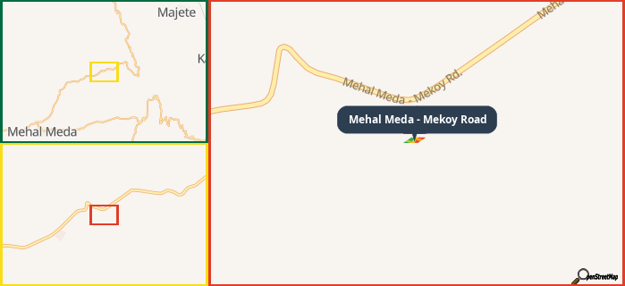 Map showing the address of Mehal Meda - Mekoy Road in three different zoom levels.