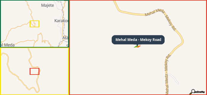 Map showing the address of Mehal Meda - Mekoy Road in three different zoom levels.