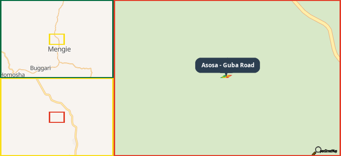 Map showing the address of Asosa - Guba Road in three different zoom levels.