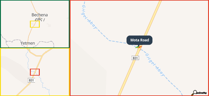 Map showing the address of Mota Road in three different zoom levels.