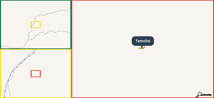 Map showing the address of Temcha in three different zoom levels.