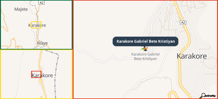 Map showing the address of Karakore Gabriel Bete Kristiyan in three different zoom levels.