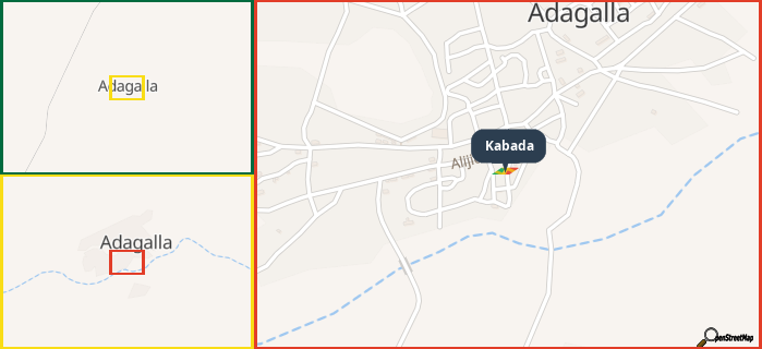 Map showing the address of Kabada in three different zoom levels.