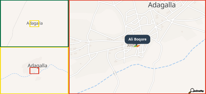 Map showing the address of Ali Boqore in three different zoom levels.