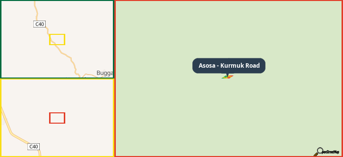 Map showing the address of Asosa - Kurmuk Road in three different zoom levels.