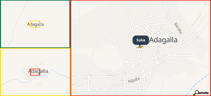 Map showing the address of Suka in three different zoom levels.