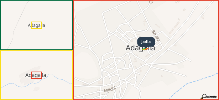 Map showing the address of Jadla in three different zoom levels.