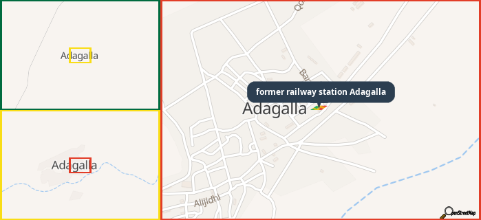 Map showing the address of former railway station Adagalla in three different zoom levels.