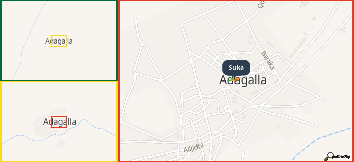 Map showing the address of Suka in three different zoom levels.