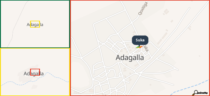 Map showing the address of Suka in three different zoom levels.