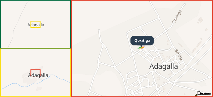 Map showing the address of Qoxitiga in three different zoom levels.