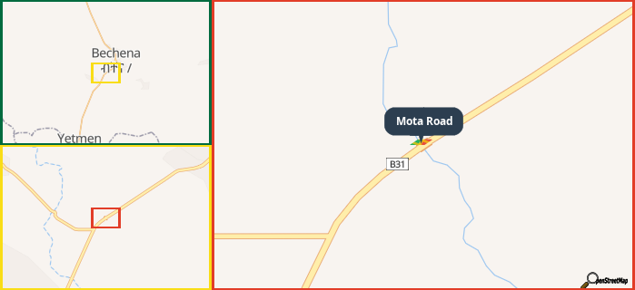 Map showing the address of Mota Road in three different zoom levels.