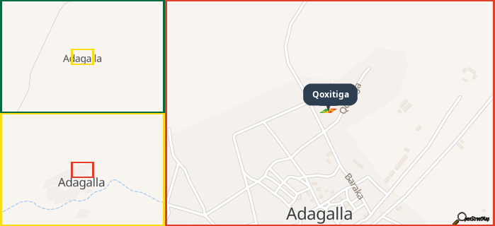 Map showing the address of Qoxitiga in three different zoom levels.