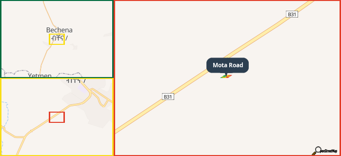 Map showing the address of Mota Road in three different zoom levels.