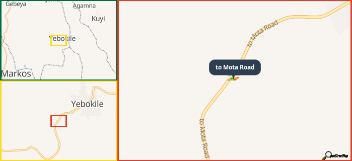 Map showing the address of to Mota Road in three different zoom levels.
