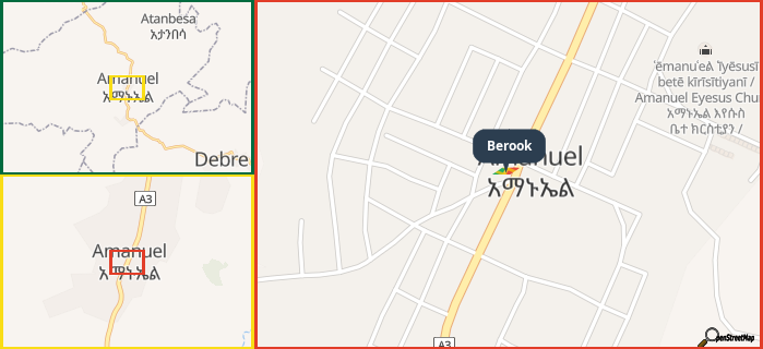 Map showing the address of Berook in three different zoom levels.