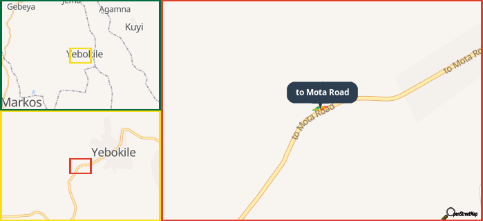 Map showing the address of to Mota Road in three different zoom levels.