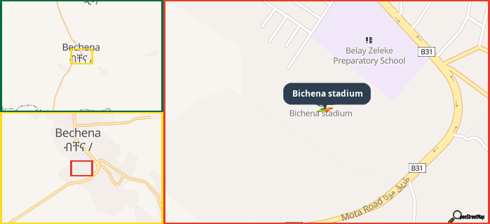 Map showing the address of Bichena stadium in three different zoom levels.