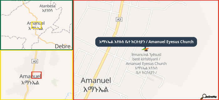 Map showing the address of አማኑኤል እየሱስ ቤተ ክርስቲያን / Amanuel Eyesus Church in three different zoom levels.