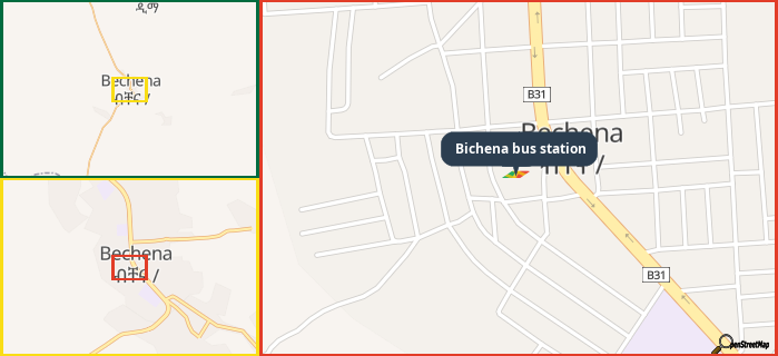 Map showing the address of Bichena bus station in three different zoom levels.