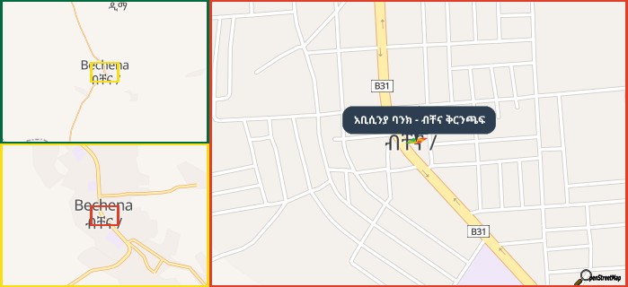 Map showing the address of አቢሲንያ ባንክ - ብቸና ቅርንጫፍ in three different zoom levels.