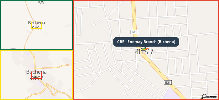 Map showing the address of CBE - Enemay Branch (Bichena) in three different zoom levels.