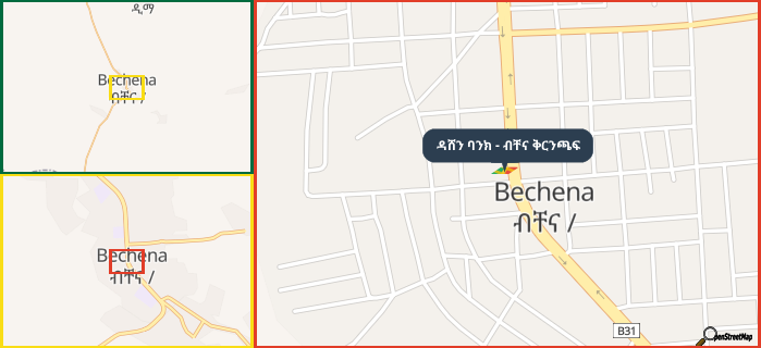 Map showing the address of ዳሸን ባንክ - ብቸና ቅርንጫፍ in three different zoom levels.