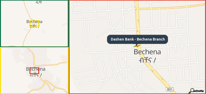 Map showing the address of Dashen Bank - Bechena Branch in three different zoom levels.