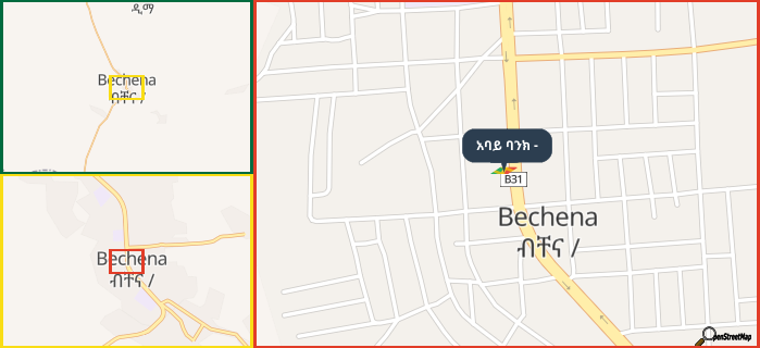 Map showing the address of አባይ ባንክ - in three different zoom levels.