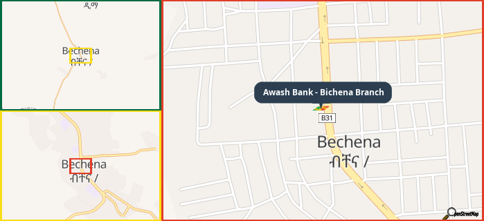 Map showing the address of Awash Bank - Bichena Branch in three different zoom levels.