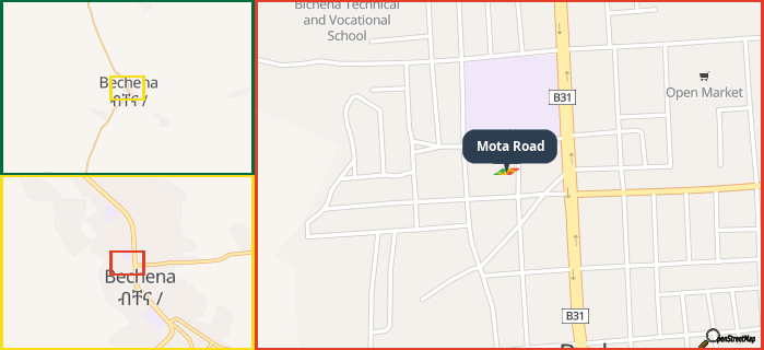 Map showing the address of Mota Road in three different zoom levels.