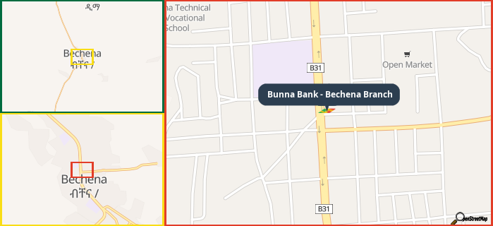 Map showing the address of Bunna Bank - Bechena Branch in three different zoom levels.