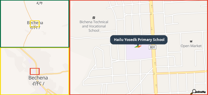 Map showing the address of Hailu Yosedk Primary School in three different zoom levels.